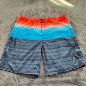 Speedo Men's Swim Trunks Board Shorts Gradient Stripe Pocket Orange Blue XXL EUC